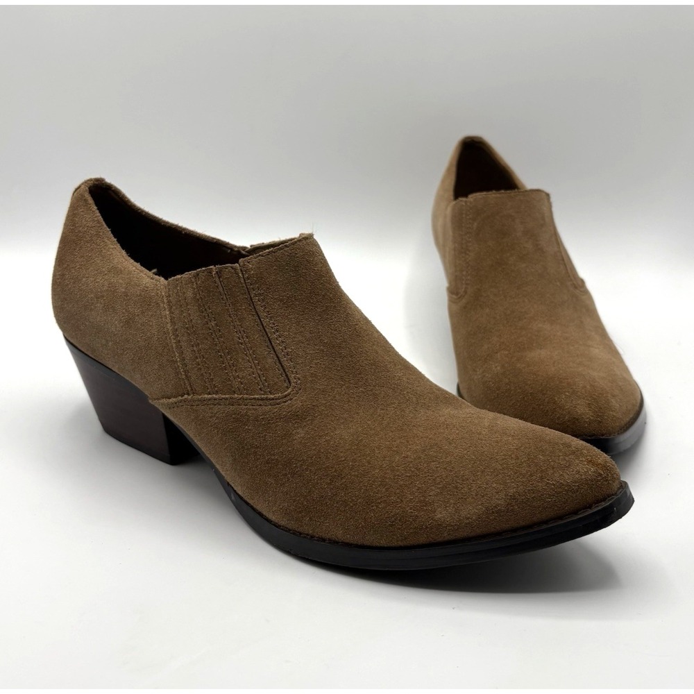 MARC FISHER Loori Ankle Bootie Women's Size 7 Tan Suede Slip On Cowboy Boot NWOB